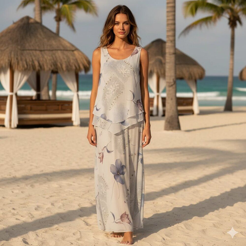 R&M Richards Karen Kwong Pale Gray Floral Maxi Gown Sleeveless 12